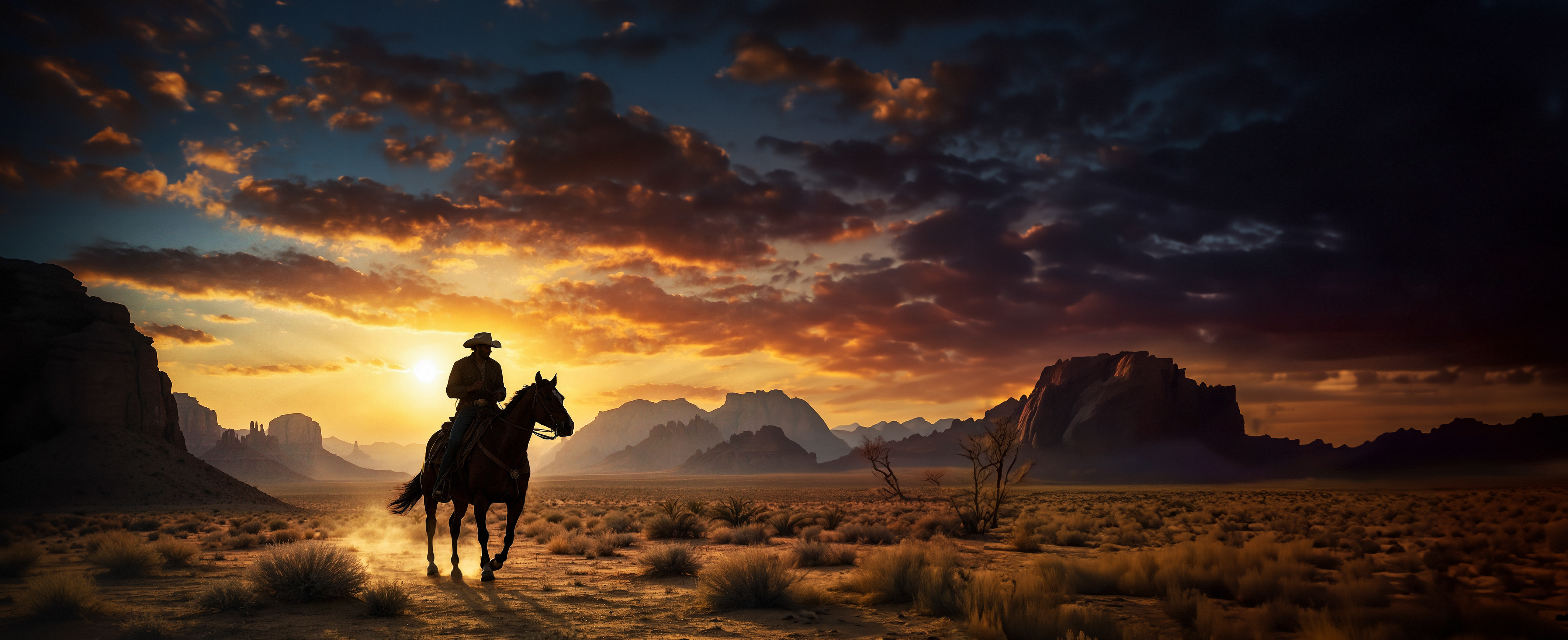 A man rides a horse through a desert landscape at sunset, bathed in warm, golden light.